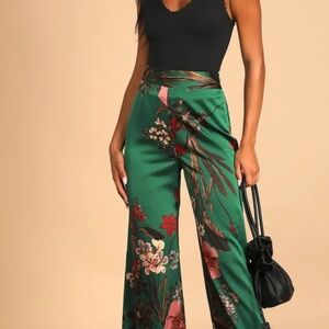 Thriving Vibes Green Floral Print Satin Wide-Leg Pants